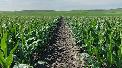 Naklejka premium Lush Green Corn Field Under Bright Sky on Sunny Day