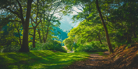  of a lush green forest with tall trees and a well-trodden path