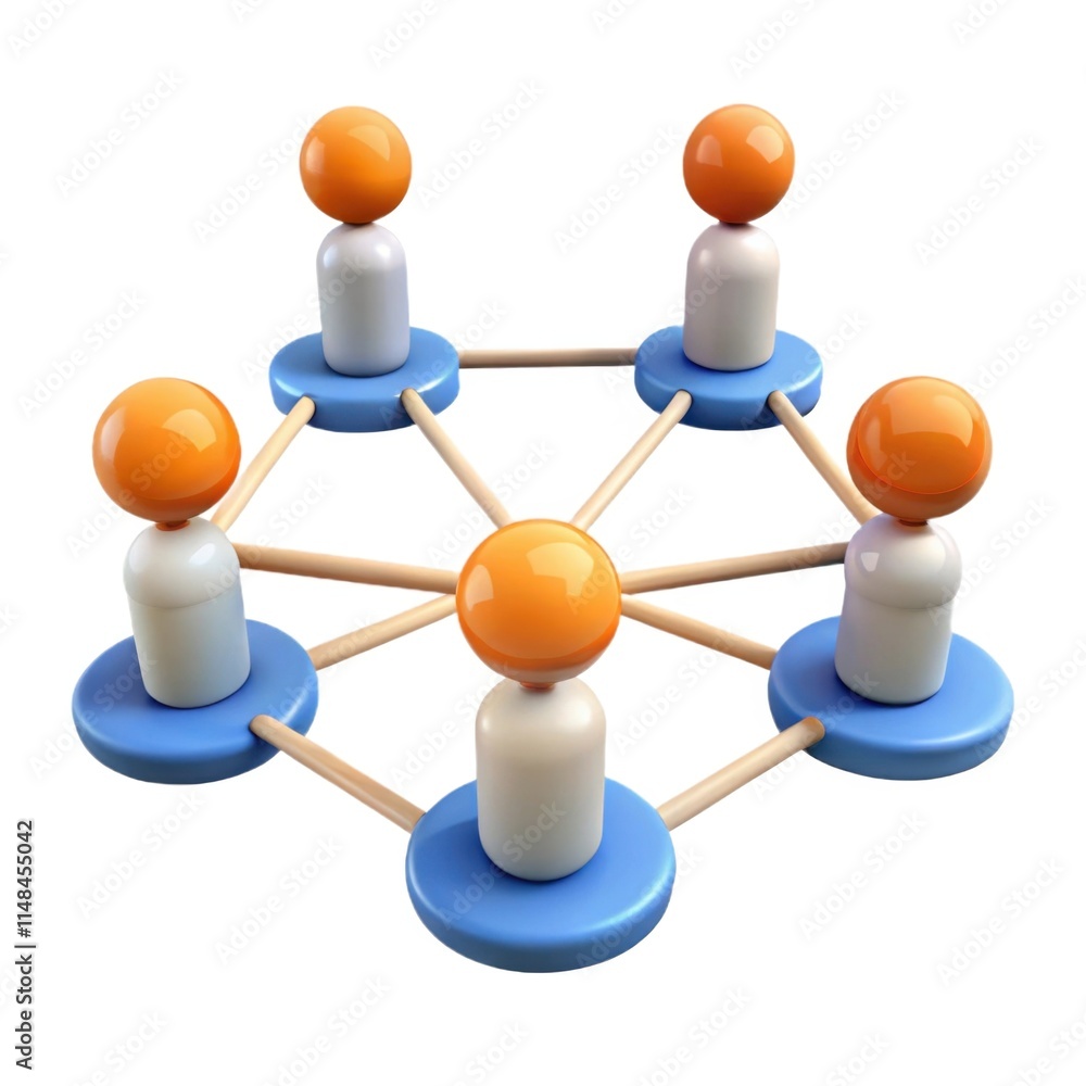 Poster a colorful toy depicting a network of figures connected with rods, symbolizing communication and int