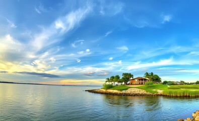 Fototapeta premium Sunset on the river ocean front property ocean property house home beach real estate