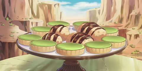 An anime-style medium shot of a sweet dessert platter with green tarts and soft chocolate pastries