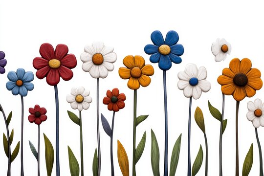 A whimsical illustration of a single flower sprouting in a cartoon meadow, with exaggerated shapes and vivid colors on white