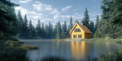 Fototapeta premium A Scandinavian-style lake house with a sloped roof and minimalistic wooden architecture, blending into the tranquil setting of still waters and dense pine forests. 