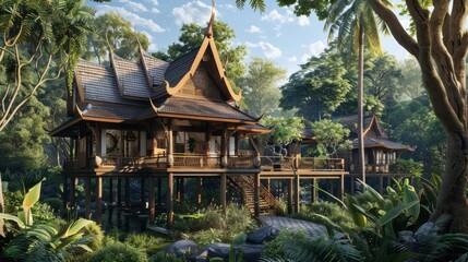 Obraz premium A traditional Thai house, elevated on stilts with intricate wooden carvings and lush surroundings,