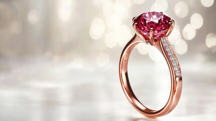 Elegant Pink Gemstone Ring with Diamond Accents on Soft Background