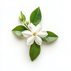 Naklejka premium A jasmine flower in bloom, beautifully surrounded by lush green leaves against a pristine white background, creates a captivating scene that evokes feelings of tranquility and elegance all around
