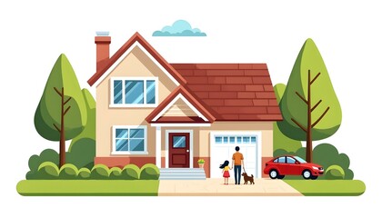 Illustration of a family house with a garage, red car, and trees. The banner concept of beautiful, cozy home. American dream vector graphic isolated. Father, daughter, and dog walk in the front yard.
