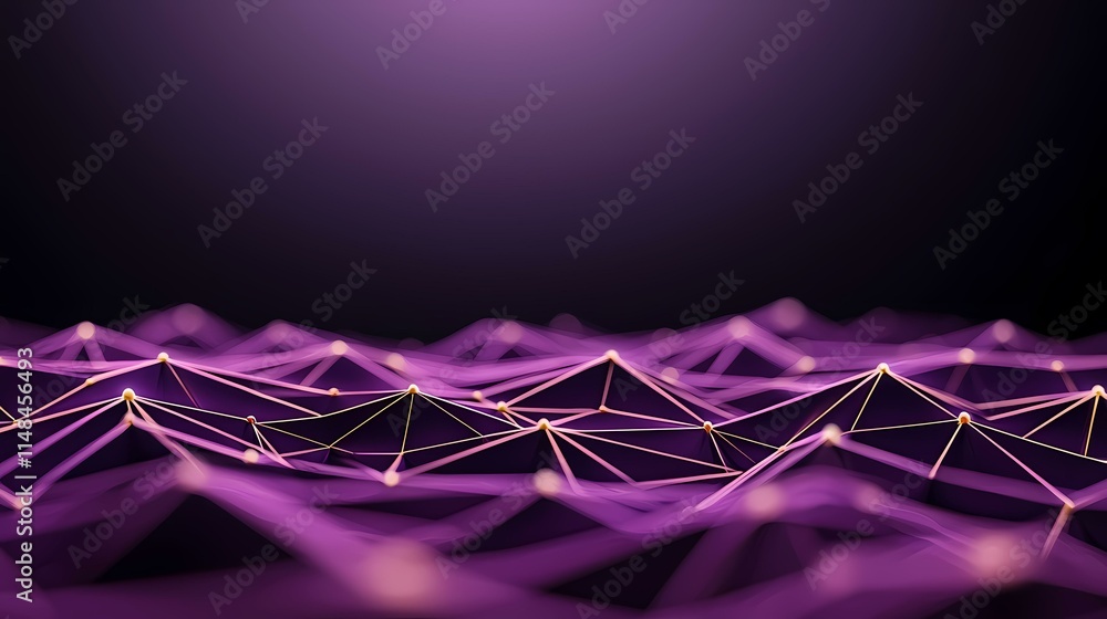Poster the image contains a dark purple, abstract, three-dimensional representation of a network or interco