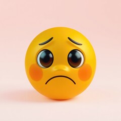 Fototapeta premium A sad emoji with droopy eyes and blushing cheeks reflects deep feelings of sadness, anxiety, and disappointment, set against a gentle pink background