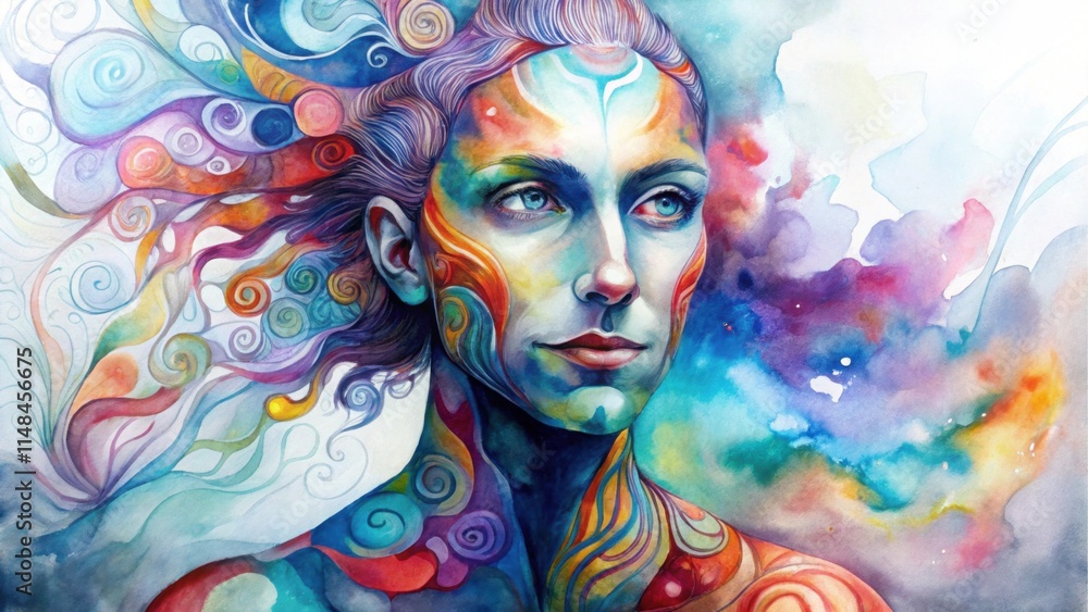 Poster a vibrant, abstract portrait featuring a colorful figure with intricate patterns, blending emotions 
