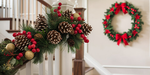 A festive Christmas garland with red and gold pine cones and berries