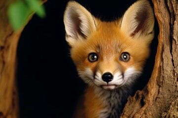 Obraz premium A young fox exploring a hollow tree, its inquisitive face peeking through a knothole