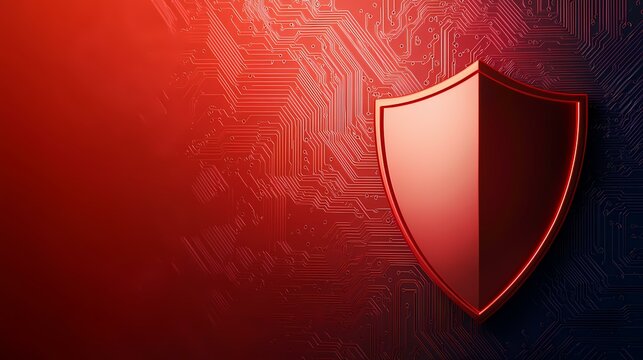 A glossy red shield sits on a dark red circuit board, symbolizing digital security and protection.