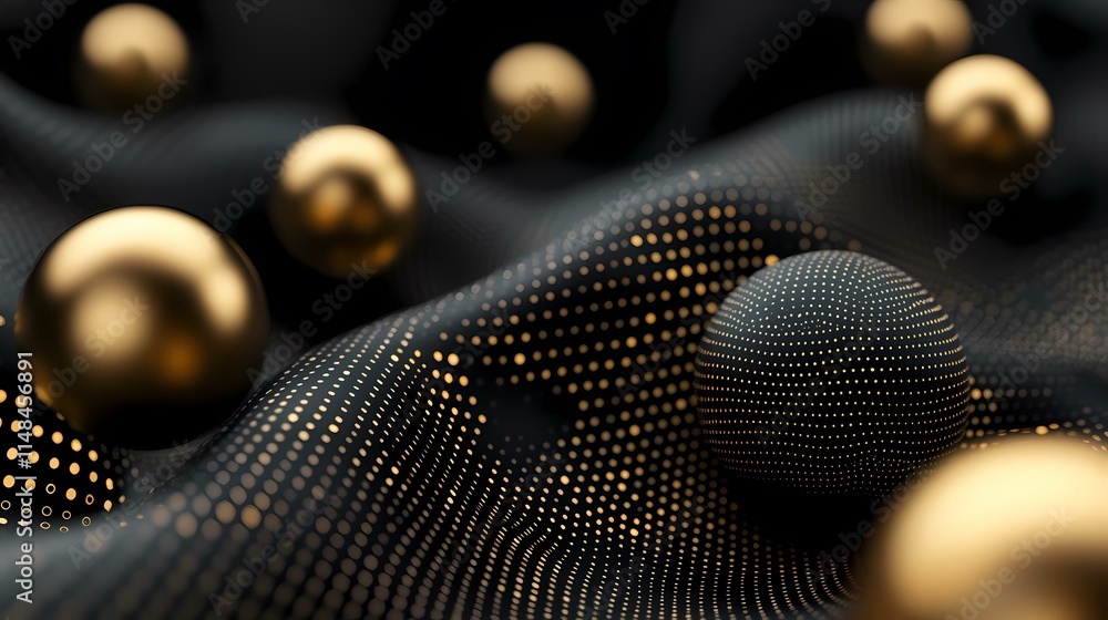 Poster the image contains several gold spheres resting on a dark, undulating surface patterned with small, 