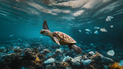 Obraz premium Plastic pollution floating underwater