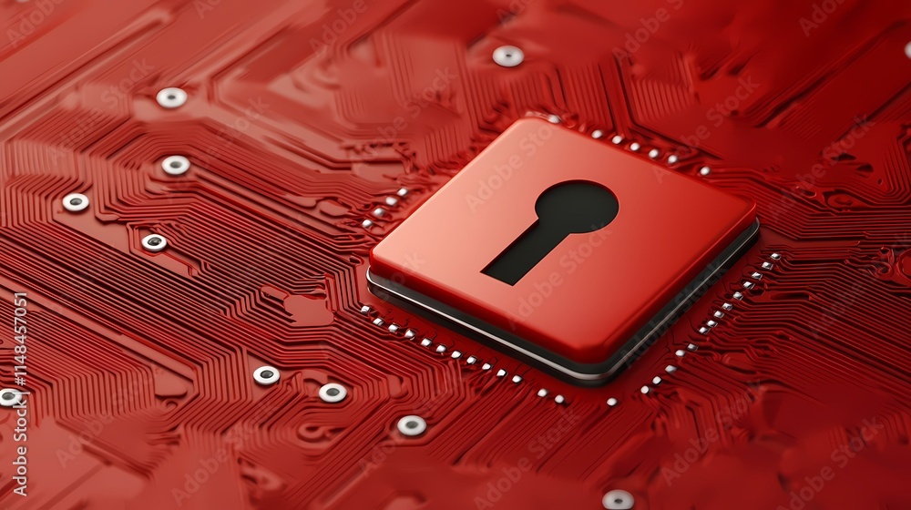 Poster a red circuit board features a red square chip with a keyhole cutout, symbolizing digital security.
