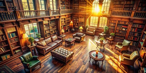 Obraz premium Vintage Library Furniture Aerial Photography: High-Angle View of Antique Bookshelves & Chairs