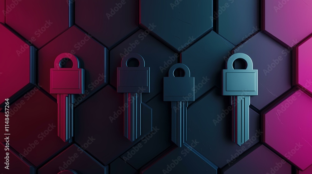 Aufkleber four metallic keys are displayed against a dark hexagonal background illuminated with pink and blue 