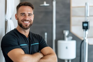 Fototapeta premium A confident maintenance worker smiles in a modern shower space, representing efficiency, reliability, and the importance of professional repair services in home environments.