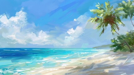 Fototapeta premium A tropical beach background, with white sandy shores, turquoise water, and palm trees swaying in the breeze,