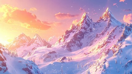 Obraz premium Serene Snow-Covered Mountains Under Colorful Sunset Sky