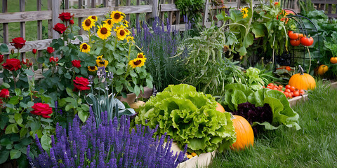 A garden filled with a variety of flowers and vegetables