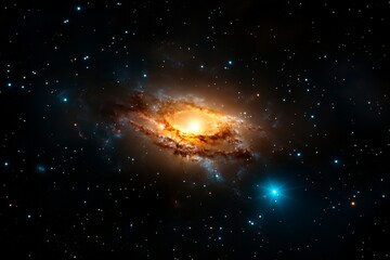 A serene shot of an elliptical galaxy glowing softly in the darkness of space, surrounded by faint star clusters