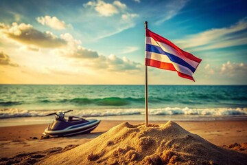 Fototapeta premium Vintage Monochrome Thai Beach: Jetski & Flag Photo