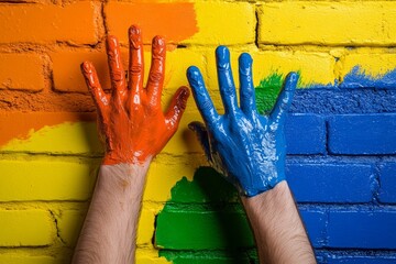 Friends painting a mural together, their hands covered in vibrant paint and smiles on their faces