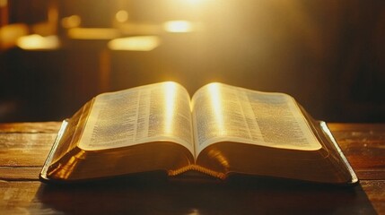 Open Bible on wooden table, backlit by golden light. Ideal for faith, religion, spirituality, and hope concepts.