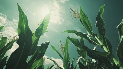 Lush Green Corn Plants Reaching Towards Bright Sunlit Sky