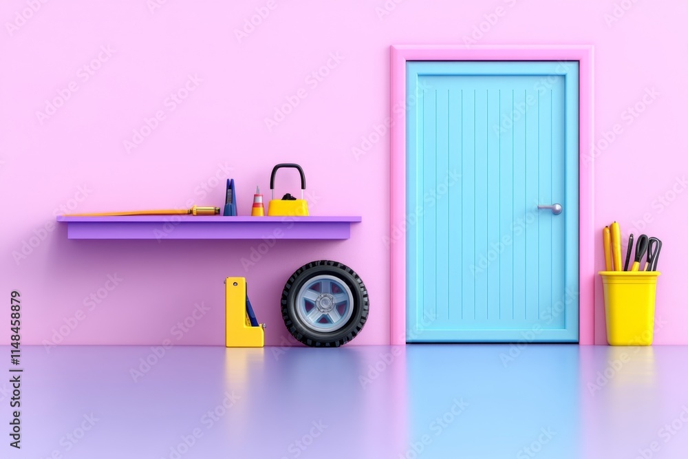 Poster a simple depiction of a garage with shelves, a workbench, and an open door, rendered in vibrant colo
