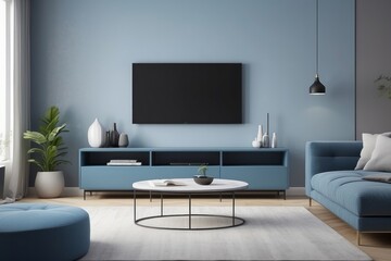 Living Room Design With Blue Track Arm Sofa And Glossy Grey TV Console