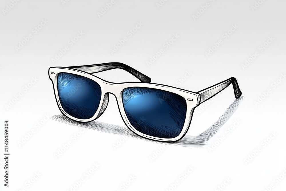 Poster a simple drawing of sunglasses with dark lenses and thin frames, sketched in clean lines on a white 