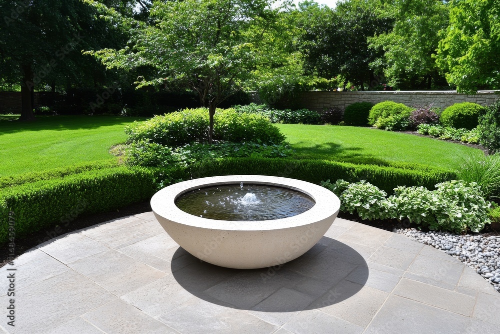 Poster a simple fountain surrounded by symmetrical hedges, creating a geometric and calming garden design