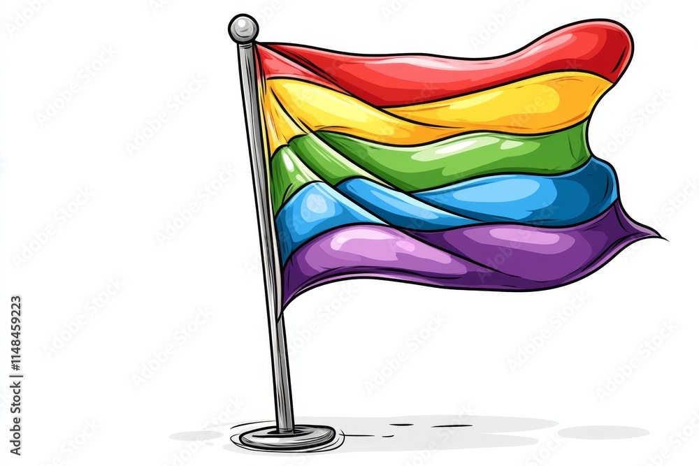 Poster a simple graphic of a rainbow flag flowing in the wind, with bold lines and a clean white background
