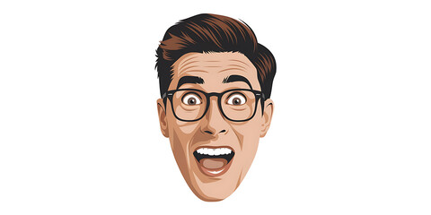 A cutout png design asset of a man's face with a wide-eyed expression of excitement, isolated on a white background