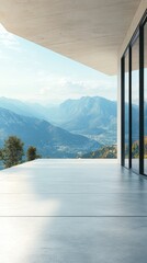 A house with a concrete floor and glass windows with mountain landscape