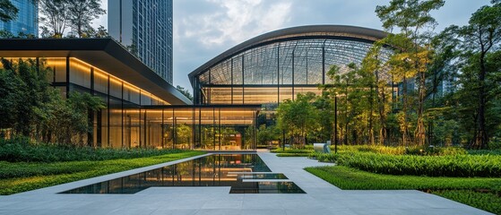 Fototapeta premium A futuristic science museum with a domed glass roof and interactive digital exhibits, surrounded by manicured gardens and reflective pools that enhance its innovative design. 