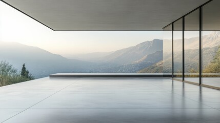 A house with a concrete floor and glass windows with mountain landscape