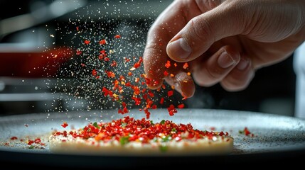 Chef preparing a dish by sprinkling vibrant red spices in a kitchen setting