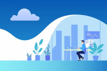 Strategic Planning: Modern Businessman working on Laptop in futuristic office. Vector illustration