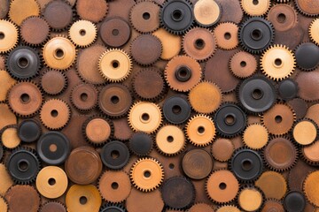Fototapeta premium A steampunk-inspired scene featuring a wall of gears of various sizes, with copper, brass, and steel textures catching warm light
