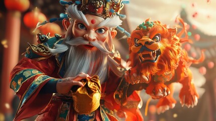 Fototapeta premium A richly detailed God of Fortune in 3D, holding a fortune bag, accompanied by a vibrant lion puppet bursting from the backdrop.