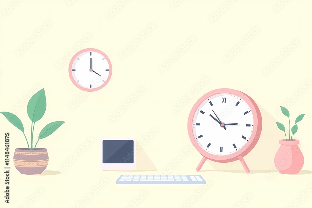 Poster minimalist workspace: a serene and simple workspace with two pink clocks, potted plants, a keyboard,