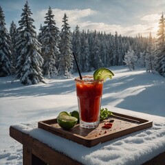 A Bloody Mary on a snowy terrace, surrounded by fresh white snow and a view of a winter forest.