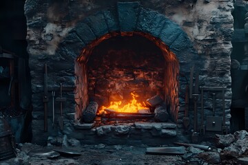 Old furnace made of stone burning