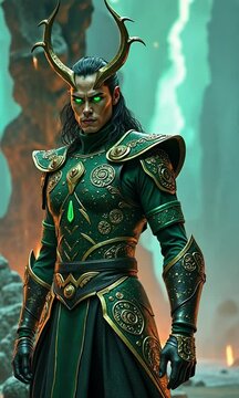 Loki, the trickster god, standing amidst a chaotic landscape of fire and ice, embodying mischief and cunning power