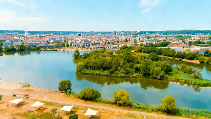 Nancy, France. Watercolor illustration. Panorama of the central part of the city. Summer, Sunny day, Aerial View