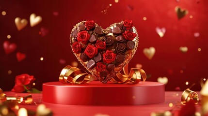 A romantic Valentine's Day background featuring a sleek red podium, a realistic 3D gold heart covered in chocolates, adorned with roses and a shimmering gold ribbon.